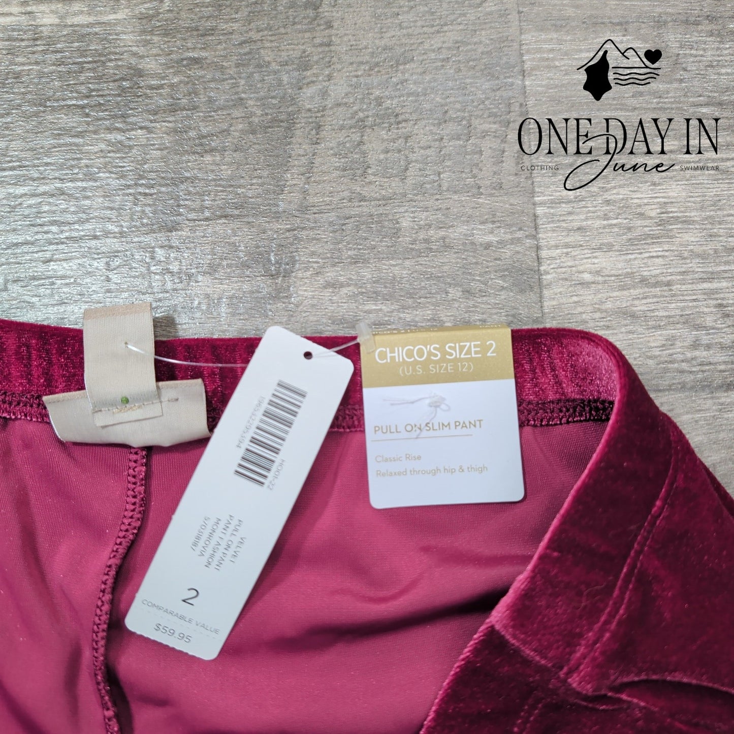 Chico's Velvet Slim Pull On Pants Burgundy Wine Velour NWT Size Chico's 2 (12)