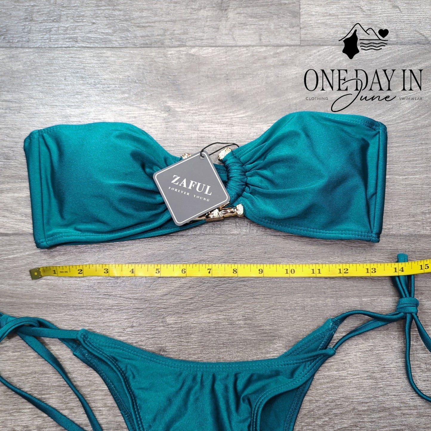 Zaful Bandeau Tie Side Bikini Swimsuit Teal Gold Hardware Strapless NWT Size M