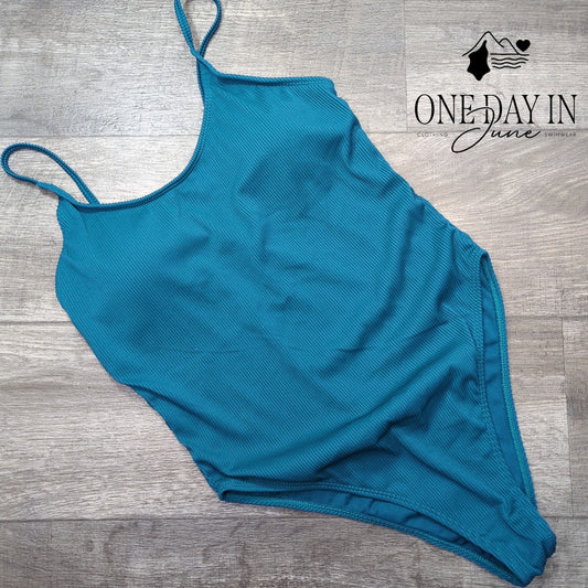 Adisputent Ribbed Scoop Neck One Piece Swimsuit Teal Blue Size XL
