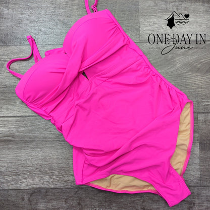 Eomenie Tie Back Molded Cup One Piece Swimsuit Hot Pink Ruched NWT Size L