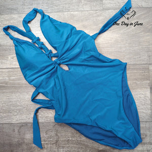 Bar III Like It Or Knot Ribbed One Piece Swimsuit Blue NWT $88 Size S