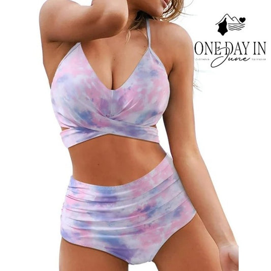 CharmLeaks Cross Front Wrap High Waist Bikini Swimsuit Tie Dye Size XL