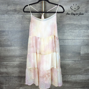 Umgee Swiss Dot Tie Dye Tiered Mini Dress Pink Cream Boho NWT Size S