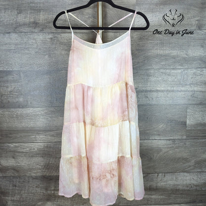 Umgee Swiss Dot Tie Dye Tiered Mini Dress Pink Cream Boho NWT Size S