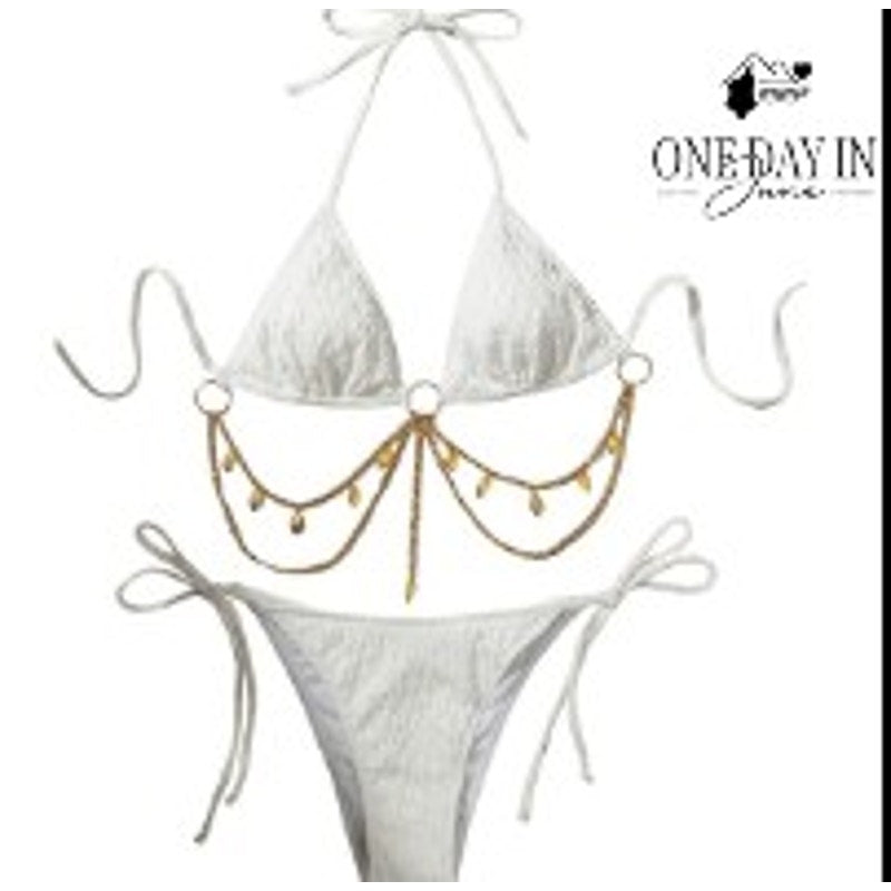 Adisputent White Gold Chain Monokini One Piece Swimsuit Cutout Size XL