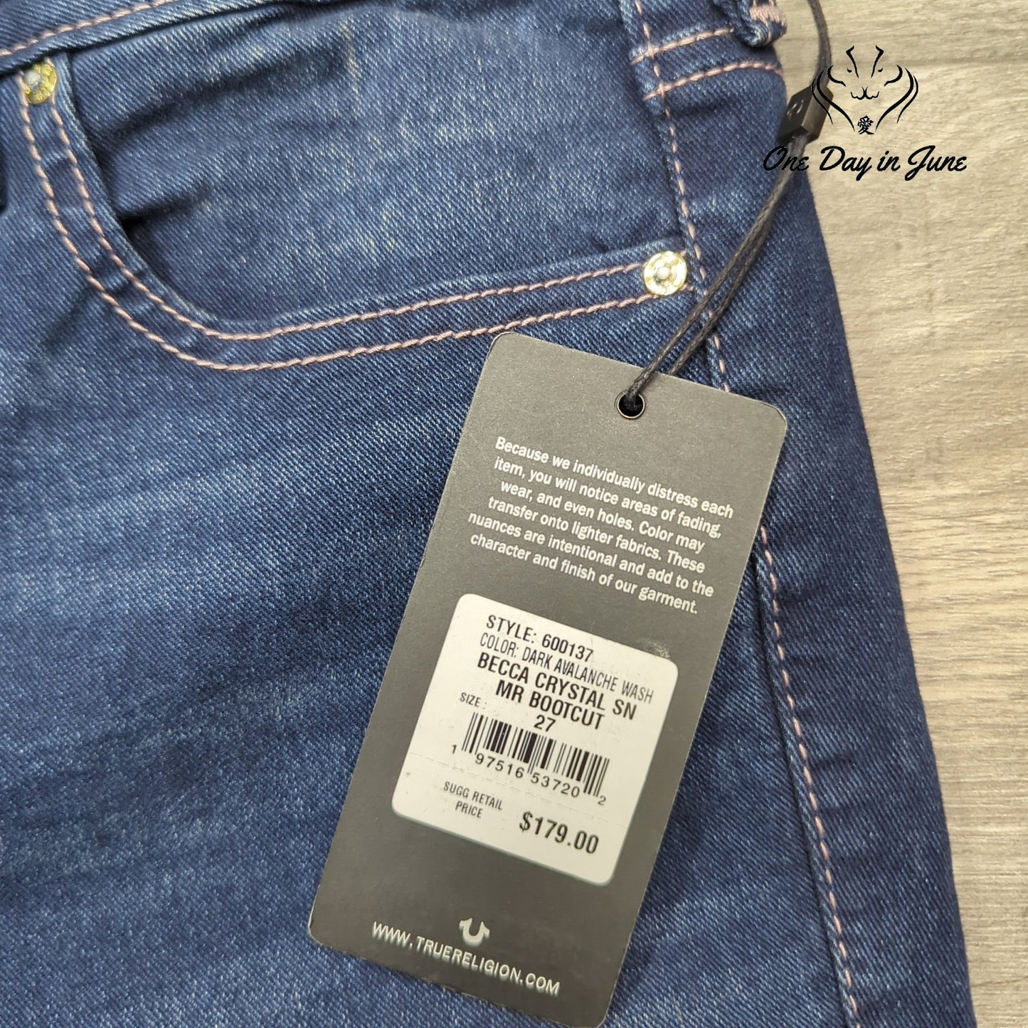 True Religion Becca Crystal Mid Rise Bootcut Jeans Dark Wash NWT $179 Size 27 (4
