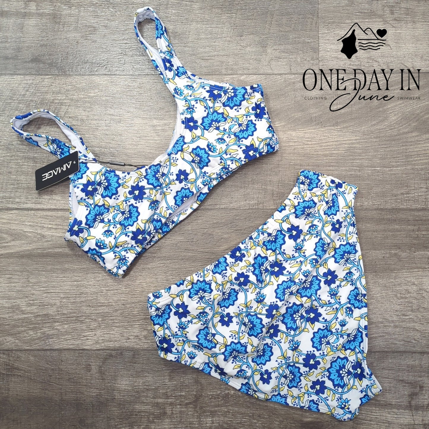 Aimage NWT Floral Crop Bikini Swimsuit Blue White High Waist 2 Piece Size M