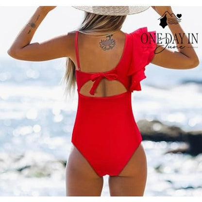 Sporlike Red Ruffle One Shoulder Tie Back One Piece Swimsuit NWT Size S