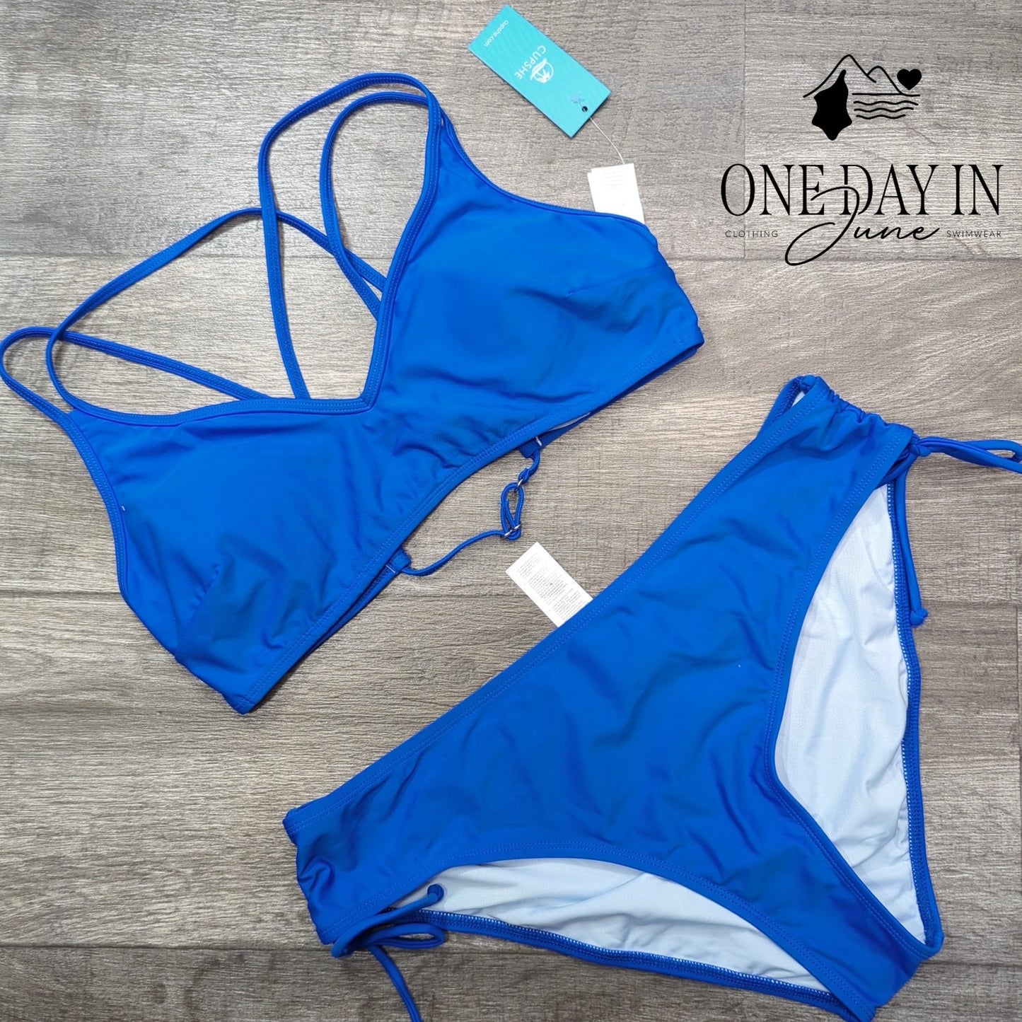 Cupshe Blue Ruched Side Bikini Swimsuit Strappy Criss Cross Back NWT Size XL