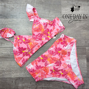 Sporlike Floral Ruffle Shoulder High Waist Bikini Swimsuit Pink NWT Size L