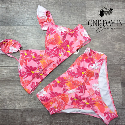 Sporlike Floral Ruffle Shoulder High Waist Bikini Swimsuit Pink NWT Size L