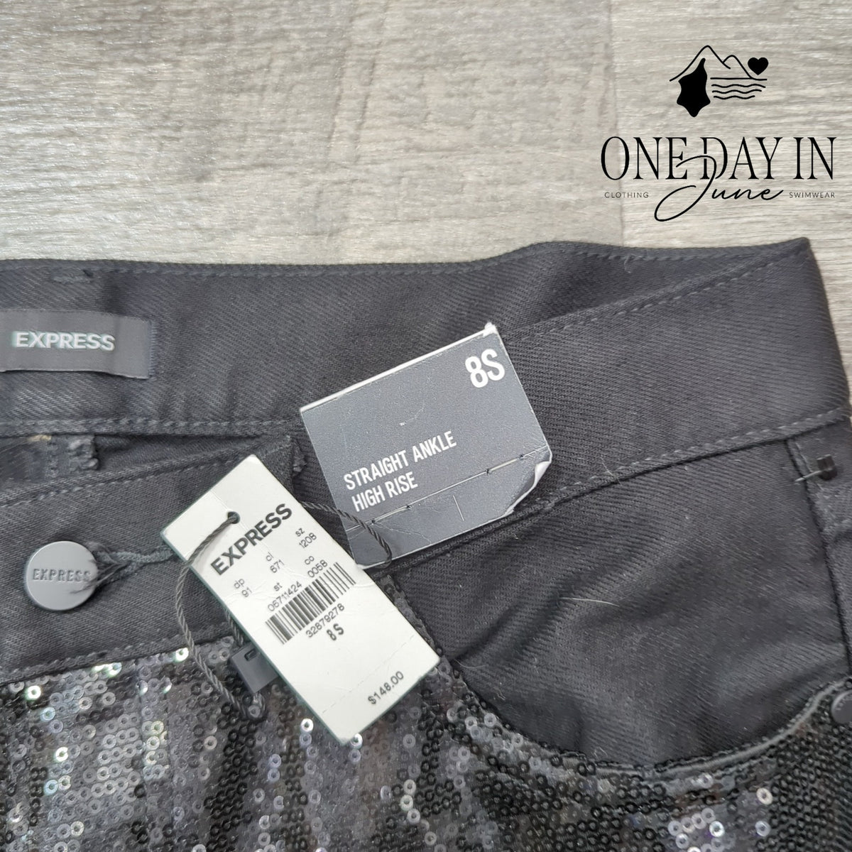 Express Sequin Straight Ankle High Rise Jeans Black Distressed NWT Size 8S