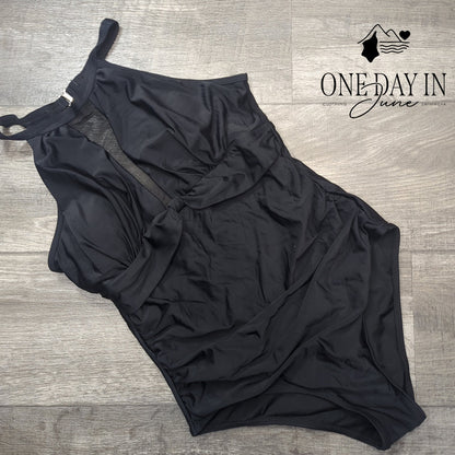 Tempt Me High Neck Mesh One Piece Swimsuit Black Ruched Tummy Control NWT Size M
