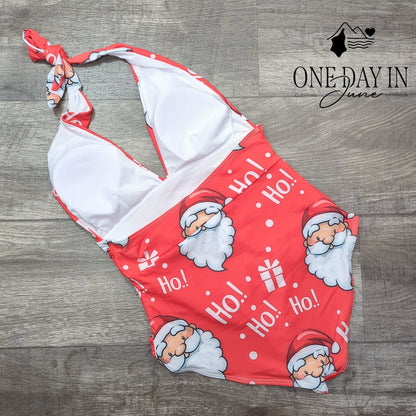 CharmLeaks Christmas Santa Ho Ho Halter One Piece Swimsuit Size m
