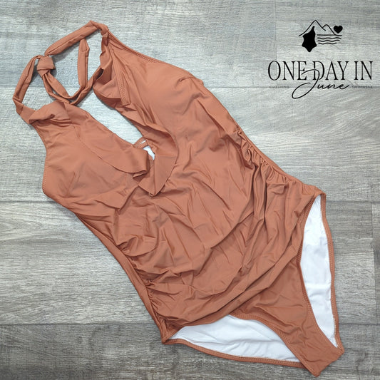 Suuksess Ruffle V Neck One Piece Swimsuit Size M