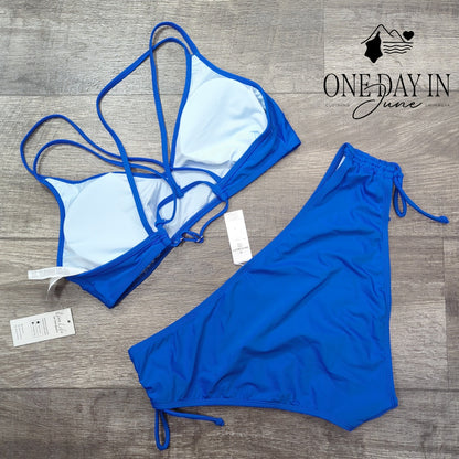 Cupshe Blue Ruched Side Bikini Swimsuit Strappy Criss Cross Back NWT Size XL
