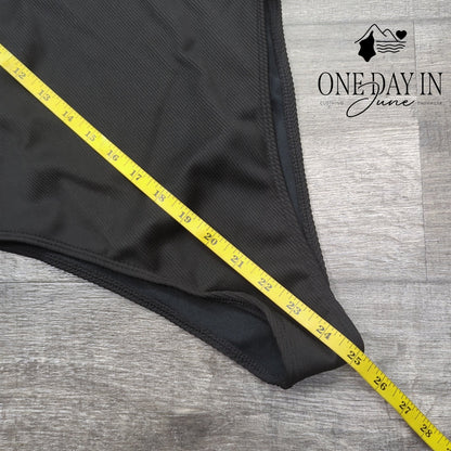 Adisputent Ribbed High Cut One Piece Swimsuit Black Spaghetti Strap Size S