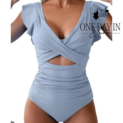 B2Prity Ribbed Ruffle Shoulder Cross Front Cut Out One Piece Swimsuit Size M