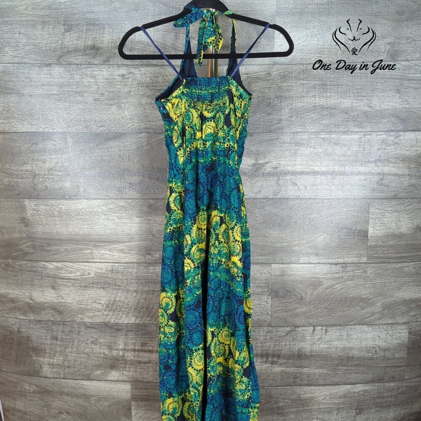 Old Navy Y2K Halter Maxi Dress Blue Green Yellow Linen Blend Boho Size XS