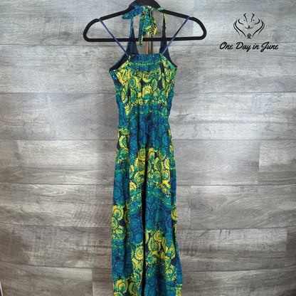 Old Navy Y2K Halter Maxi Dress Blue Green Yellow Linen Blend Boho Size XS
