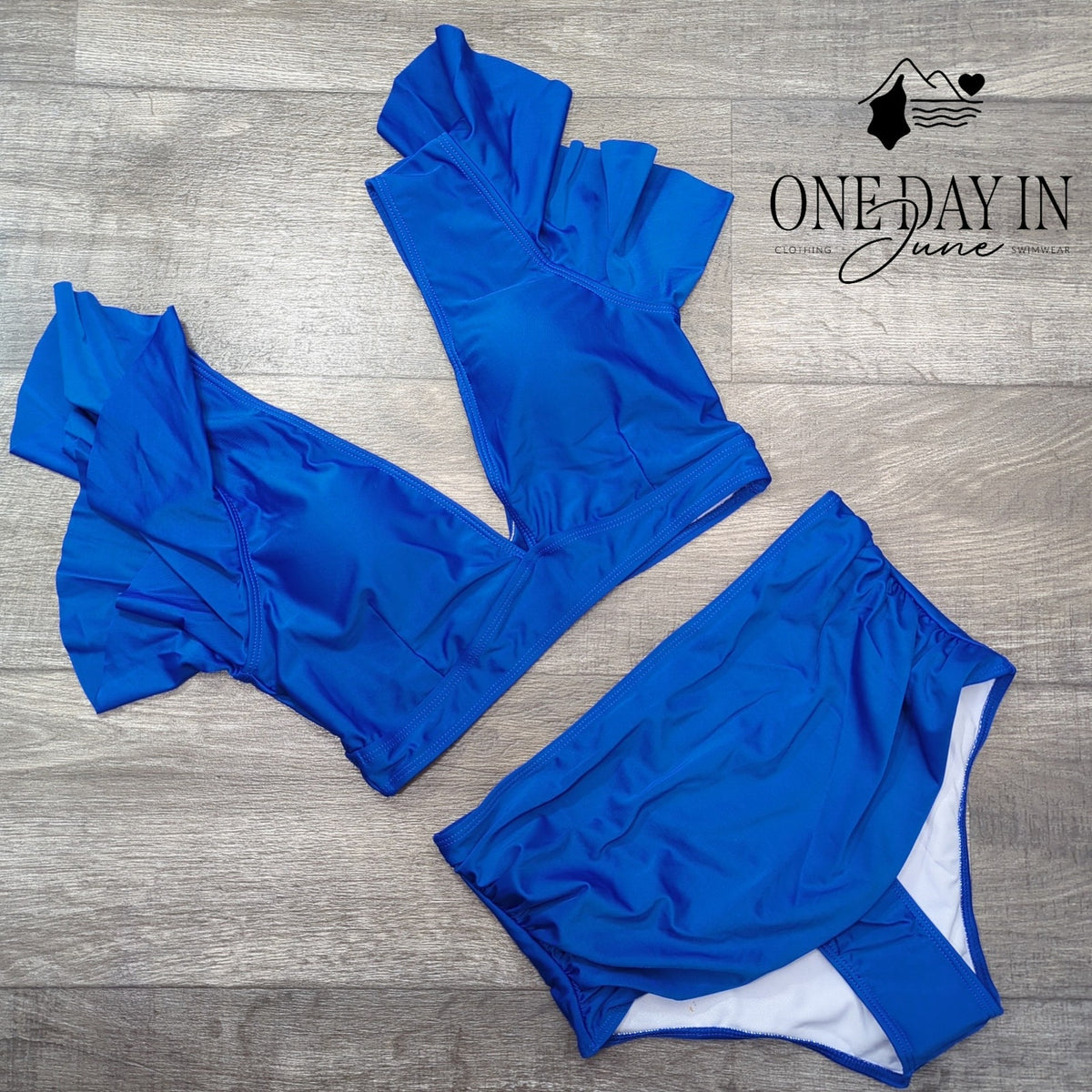 Sporlike Ruffle Shoulder High Waist Bikini Swimsuit Royal Blue NWT Size L