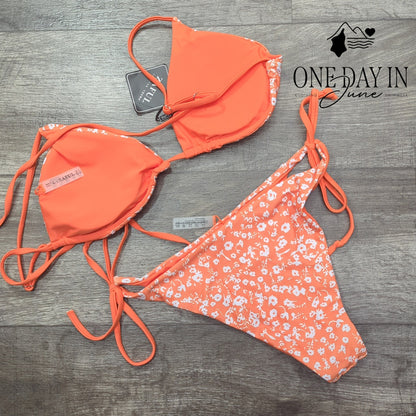 Zaful NWT Floral Triangle Bikini Orange White Tie Side String Swimsuit Size L