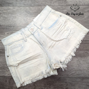 Rue 21 Girls High Rise Shortie Denim Shorts Light Wash Distressed Frayed Size 2