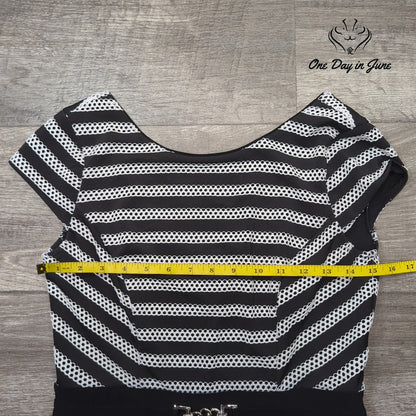 White House Black Market Striped Sheath Dress Black White Buckle Size 2