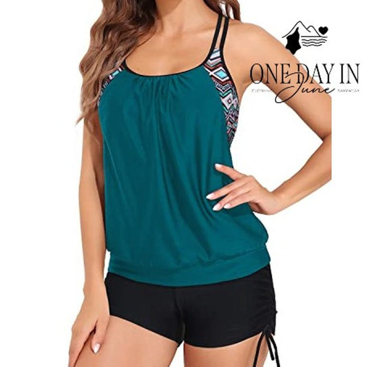 Hanna Nikole Plus Size Ruched Boyshort Double Up Tankini Swimsuit Size 24W