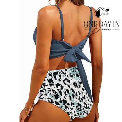 CharmLeaks Crop Top High Waist Bikini Swimsuit Gray Leopard Print Size L