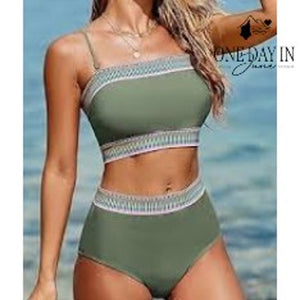 Adisputent High Waisted Crop Bikini Swimsuit Sage Green Rainbow Trim Size XL