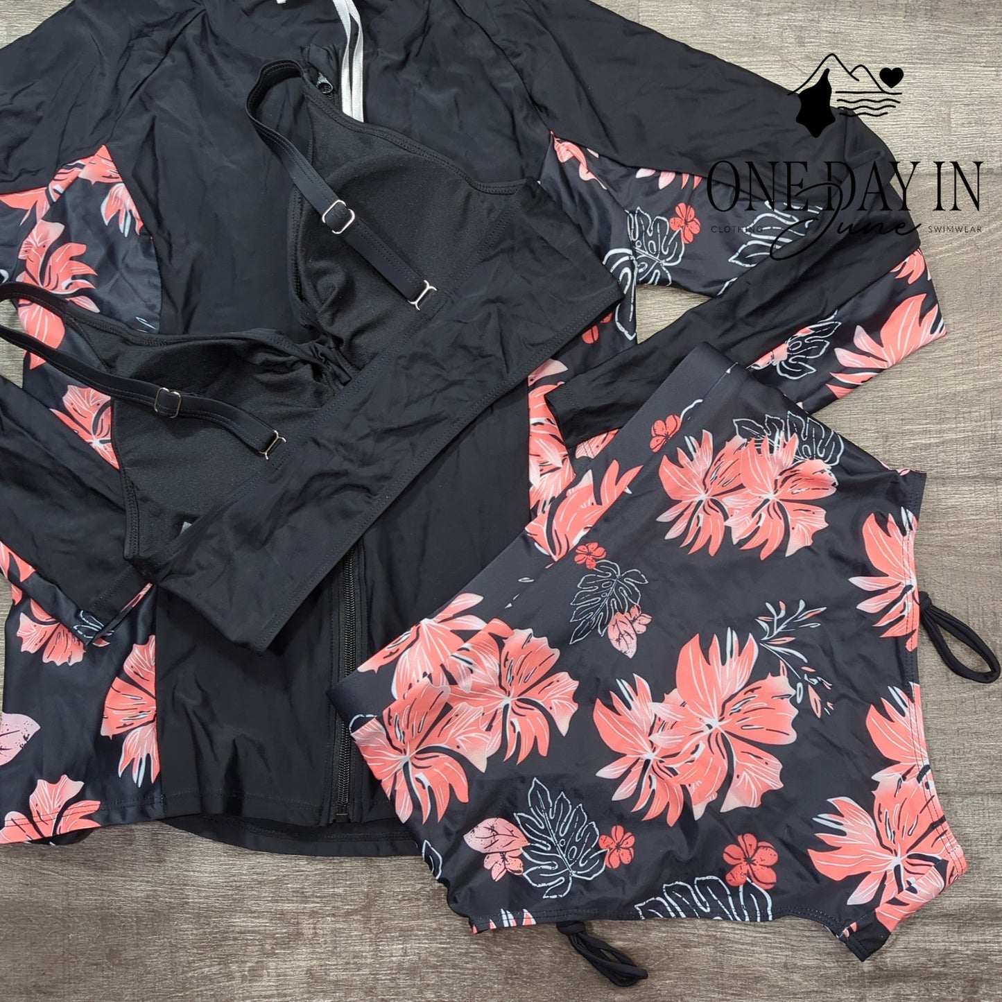 Jasambac Rashguard Twist Front High Waist 3 Piece Bikini Swimsuit Size M