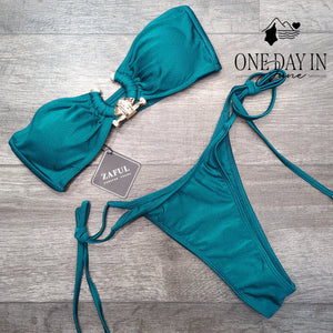 Zaful Bandeau Bikini Swimsuit Teal Gold Hardware Tie Side NWT Size S
