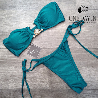 Zaful Bandeau Bikini Swimsuit Teal Gold Hardware Tie Side NWT Size S