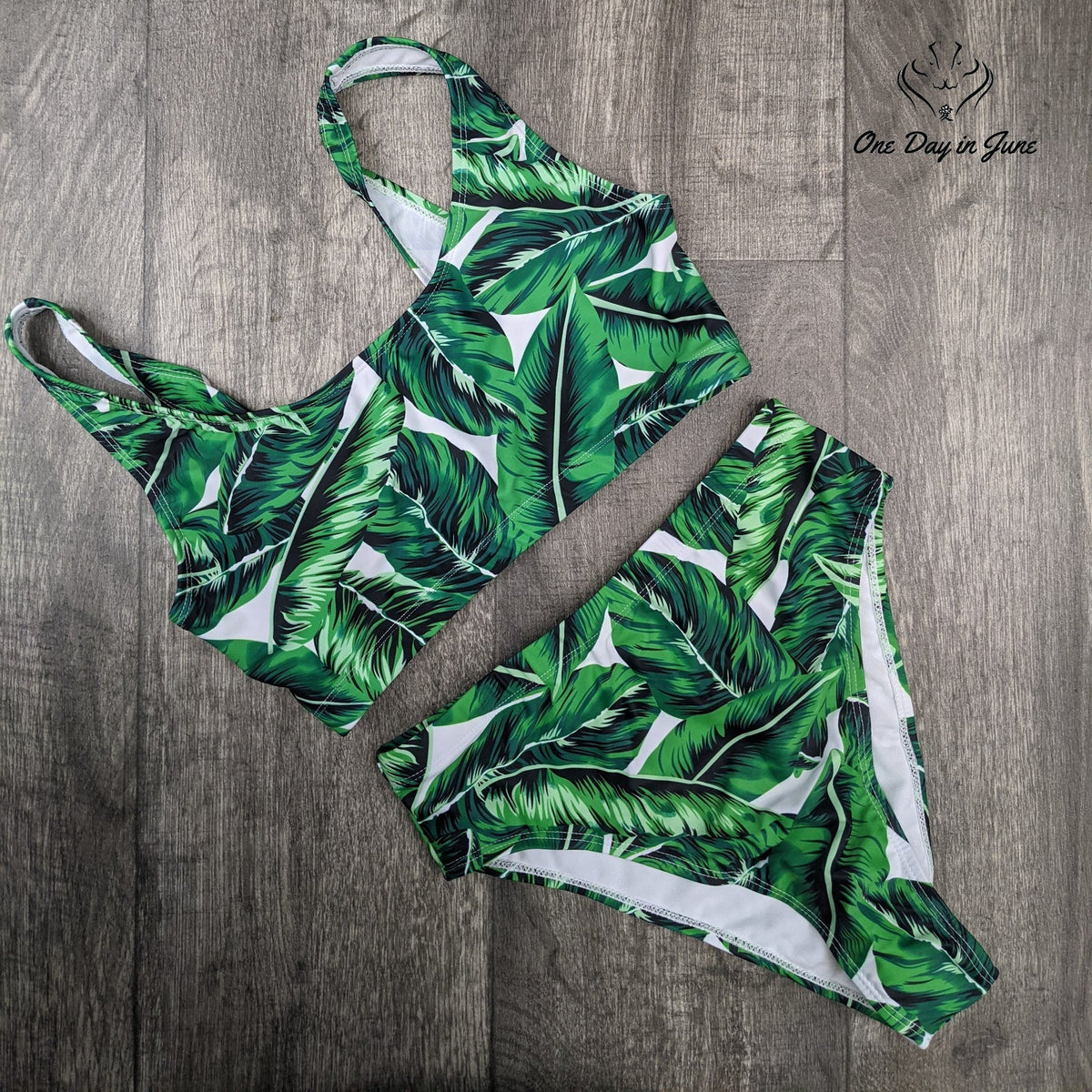 Pink Queen High Waist Bikini Swimsuit Green Tropical Palm Leaf Print Size M