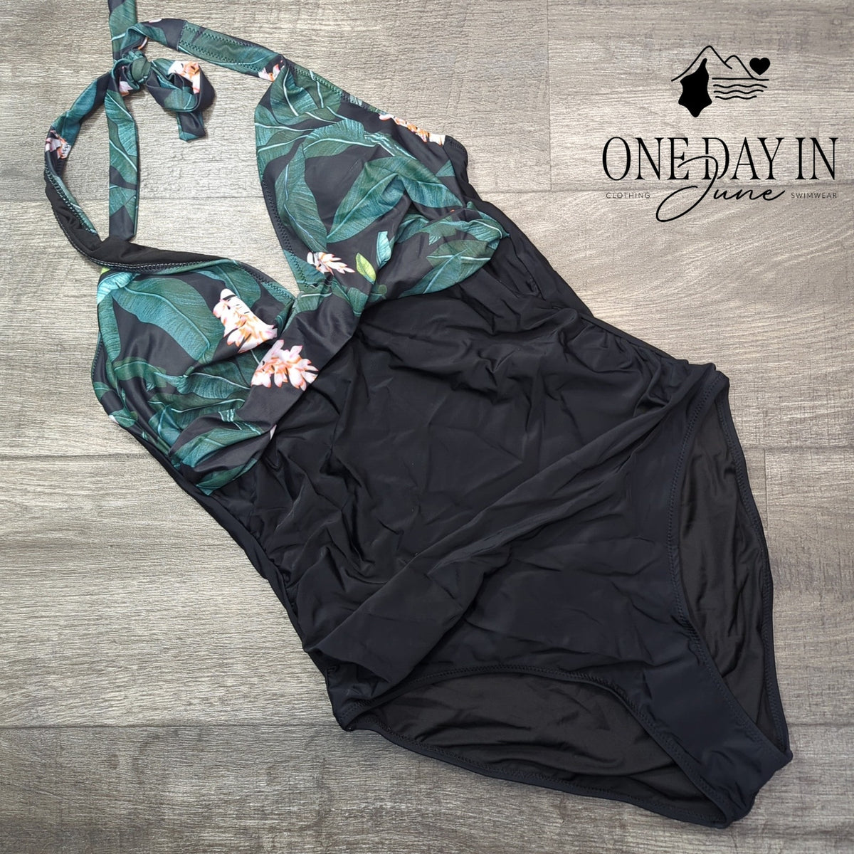 Suuksess Halter Cross Front One Piece Swimsuit Tropical Black Green Size L