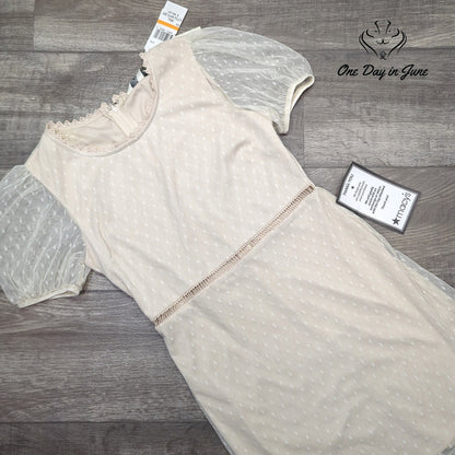 Speechless Swiss Dot Mesh Mini Dress Natural Puff Sleeve Lace Trim NWT Size S