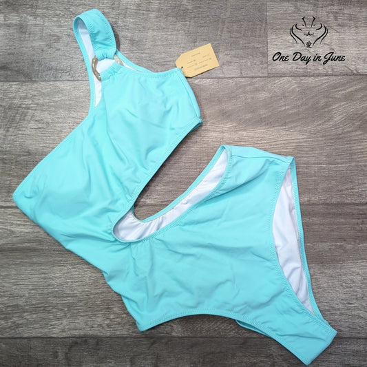Hilinker One Shoulder One Piece Swimsuit Aqua Blue Cutout NWT Size S