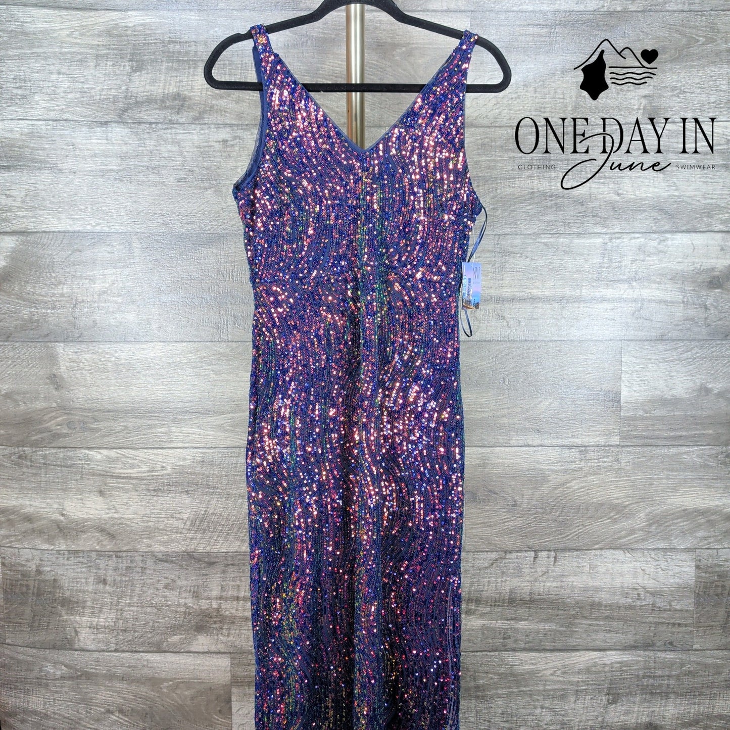 Night Way Sequin Maxi Dress Navy Rainbow V Neck Formal Gown NWT Size 10P
