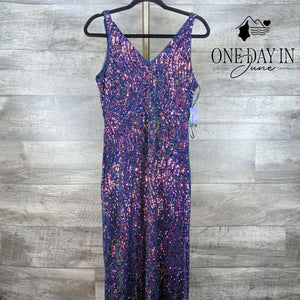 Night Way Sequin Maxi Dress Navy Rainbow V Neck Formal Gown NWT Size 10P