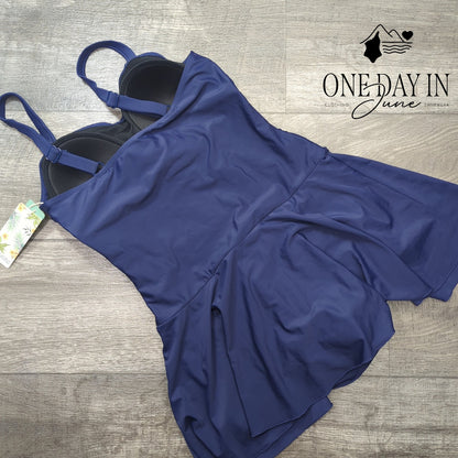Shekini Cross Front Ruched Boyshort Swimdress One Piece Swimsuit Navy NWT Size M