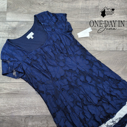 Signature by Robbie Bee Floral Lace Fit Flare Dress Navy Ivory NWT Size 10