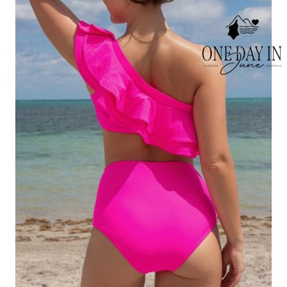 Sporlike One Shoulder Ruffle High Waist Bikini Swimsuit Size M