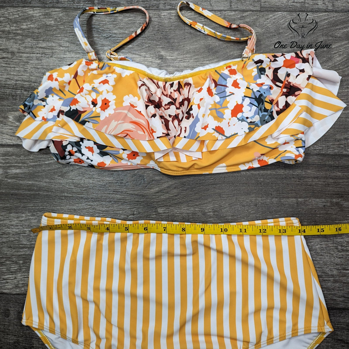 Ferbia Bandeau Bikini Swimsuit Floral Ruffle High Waist Yellow NWT Size L