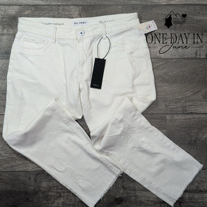 DL1961 Riley Boyfriend Crop Jeans White Distressed Raw Hem NWT Size 12 (31)