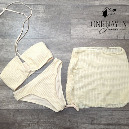 Aleumdr 3 Piece Bikini Swimsuit Cream Textured Halter Skirt Set Size XS