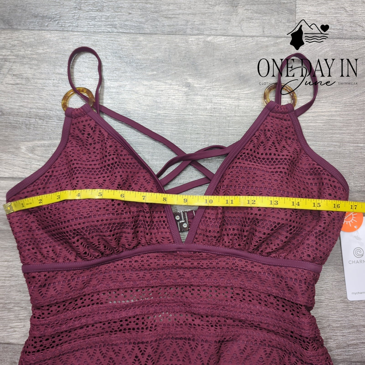 Charmo V Front One Piece Swimsuit Burgundy Crochet Lace NWT Size L