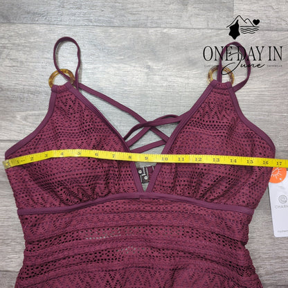 Charmo V Front One Piece Swimsuit Burgundy Crochet Lace NWT Size L