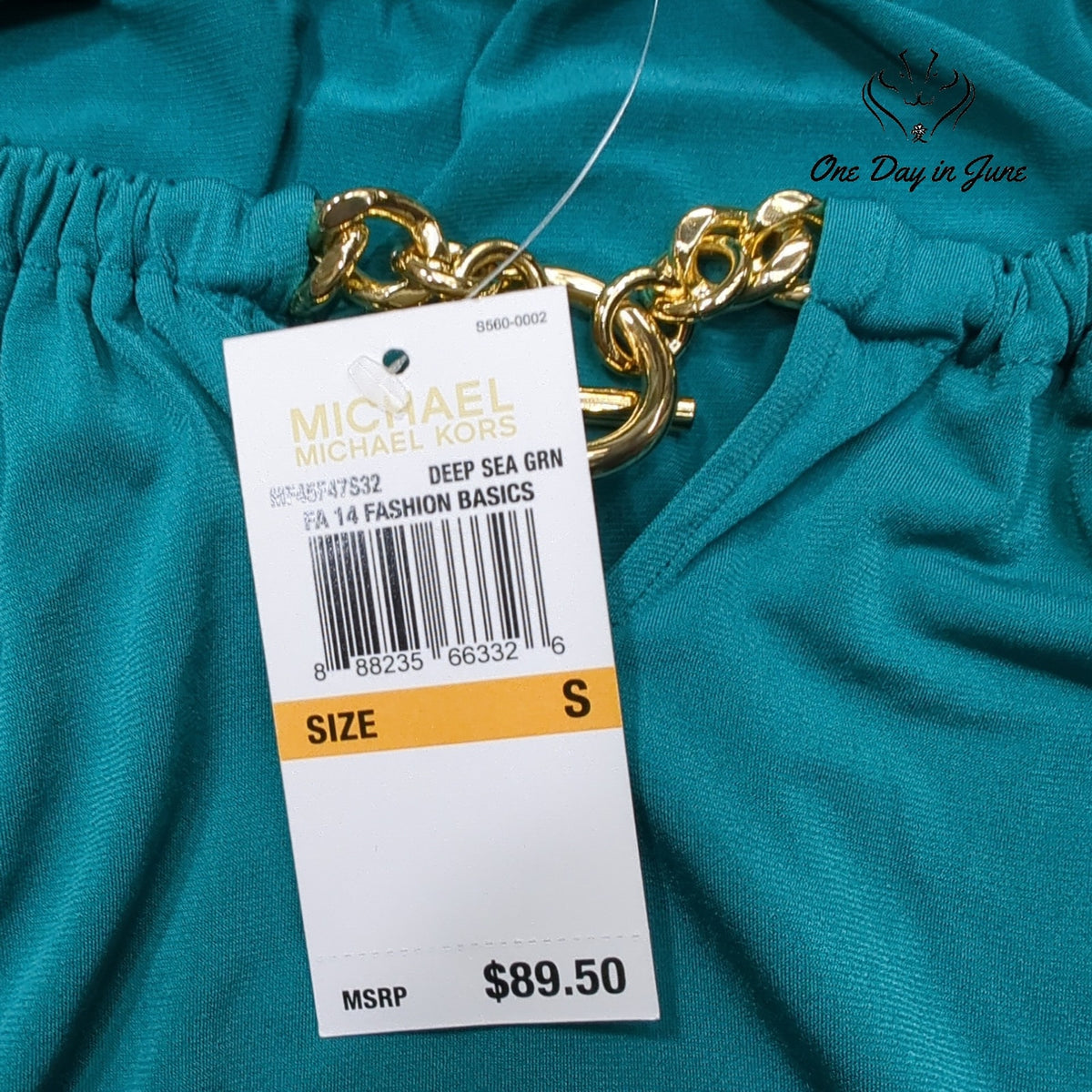 Michael Kors Blouse Teal Green Gold Chain Off Shoulder NWT Size S