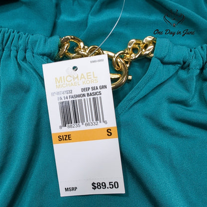 Michael Kors Blouse Teal Green Gold Chain Off Shoulder NWT Size S